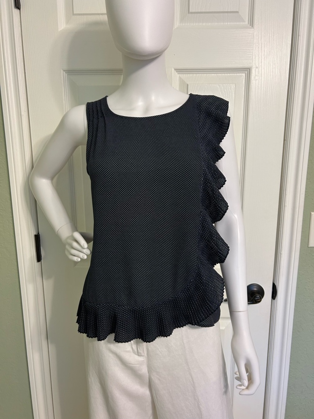 Ann Taylor Navy Blue Polka Dot Ruffle Shell